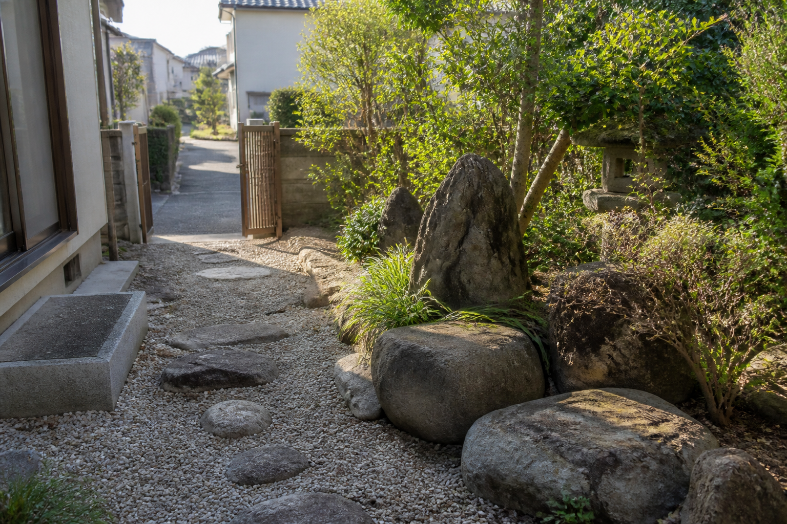大きな庭石と石灯籠が残る住宅の庭