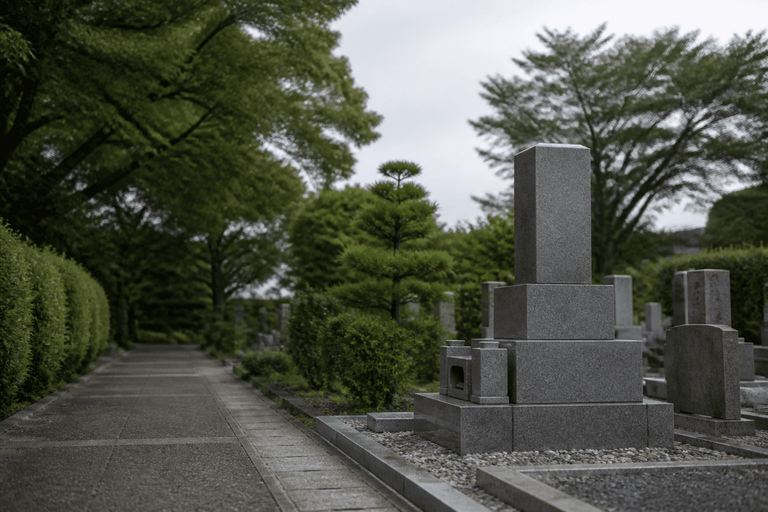 墓地にある墓石と参道